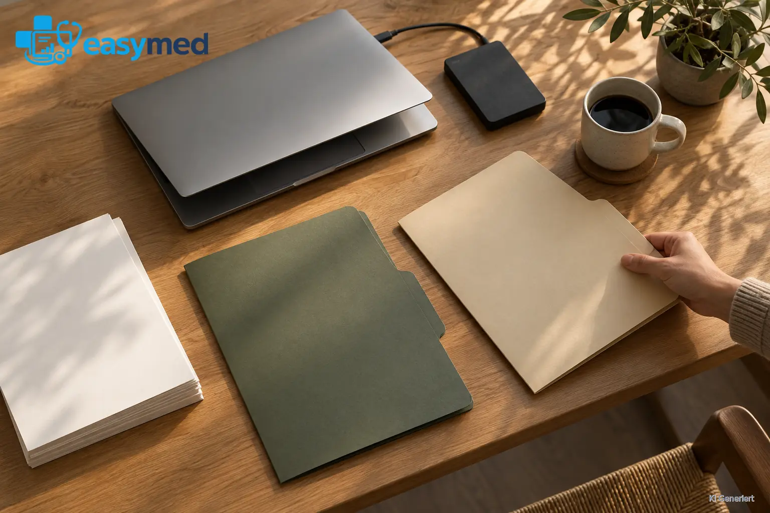 Hand ordnet zwei Mappen neben Laptop, externem Speicher, Papierstapel und Kaffeetasse auf einem Holztisch