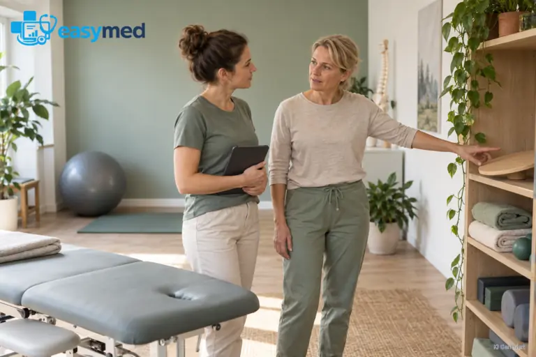Zwei Frauen besprechen ihre Arbeit neben einer Behandlungsliege und einer Ablage mit Übungsmaterial.