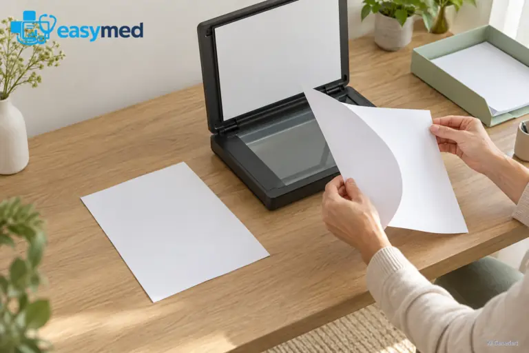 Eine Person wendet ein Blatt Papier neben einem geöffneten Flachbettscanner.