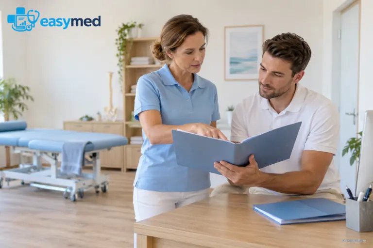 Zwei Physiotherapiefachkräfte stimmen den Ablauf der Patientenaufnahme ab.
