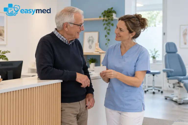 Podologin bespricht wiederkehrende Termine mit einem älteren Patienten.