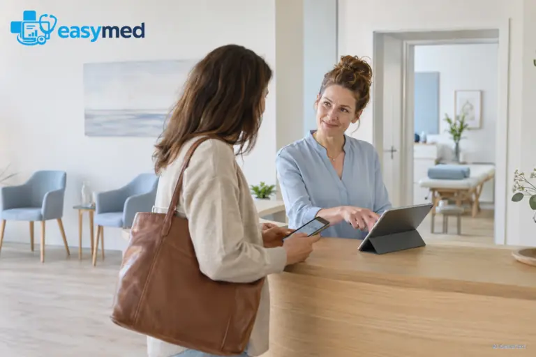 Empfangskraft und Patient besprechen den Eingang digitaler Unterlagen.