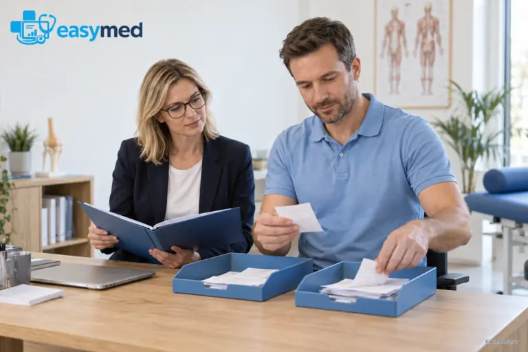 Physiotherapiepraxis ordnet Belege und Leistungsunterlagen für die Steuerberatung.