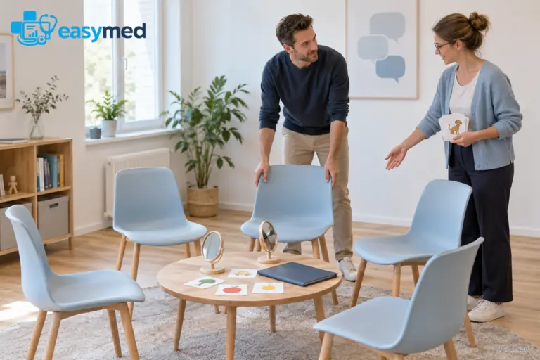 Logopädieteam organisiert Raum und Materialien für ein Gruppenangebot.