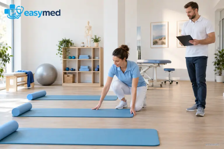 Physiotherapieteam prüft Platz und Ausstattung für eine Gruppeneinheit.