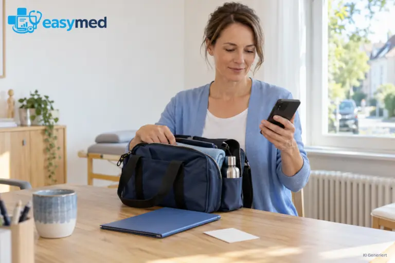 Therapeutin bereitet Unterlagen und Tasche für einen privaten Hausbesuch vor.