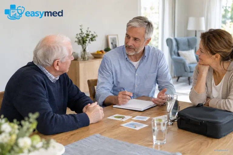 Logopäde bespricht Kontaktwege für den Hausbesuch mit Patient und Angehöriger.
