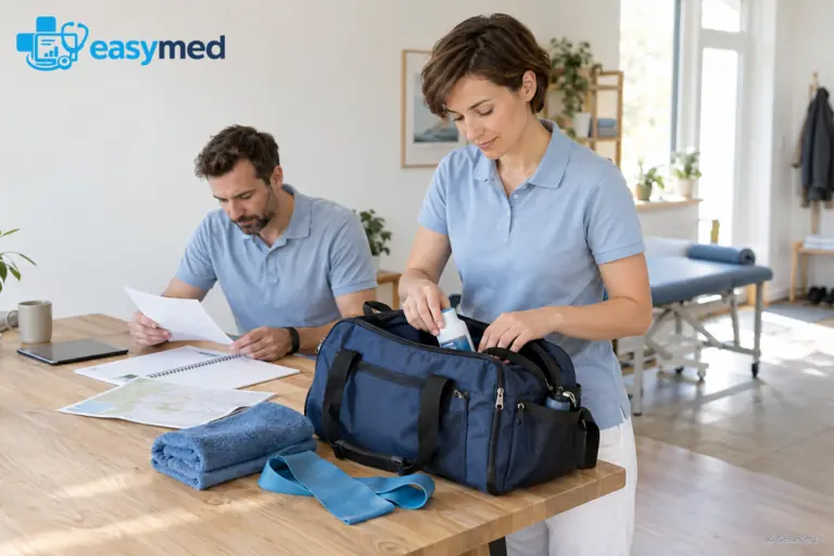 Physiotherapieteam stimmt Tagesplanung und Tasche für Hausbesuche ab.