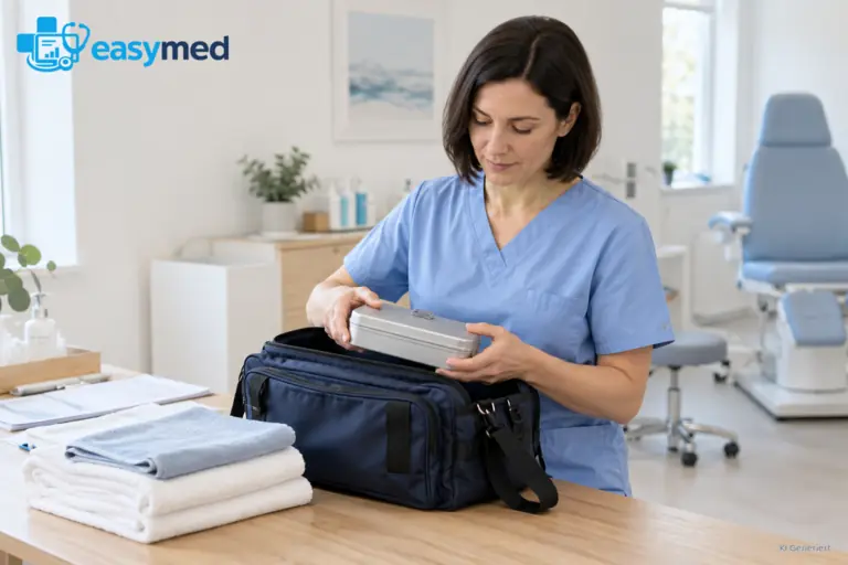 Podologin kontrolliert Tasche und Arbeitsmittel vor einem Hausbesuch.
