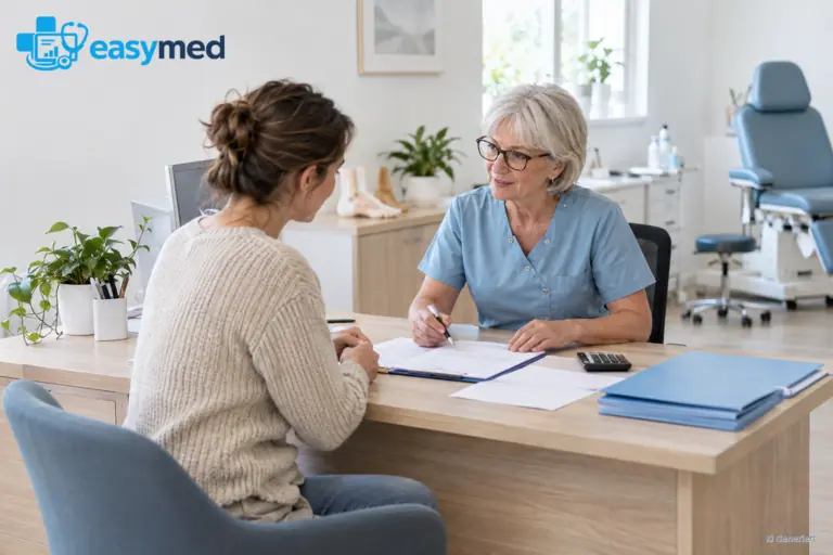 Podologin erläutert einer Patientin organisatorische Fragen zu Preisunterlagen.