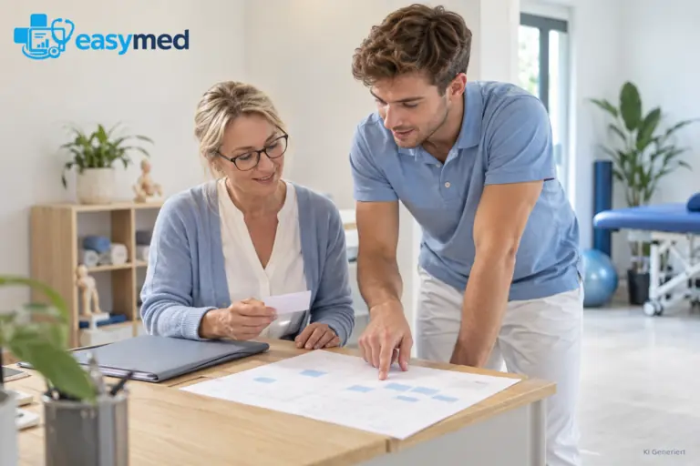 Physiotherapieteam hält Terminplanung und Verwaltungsstand gemeinsam fest.