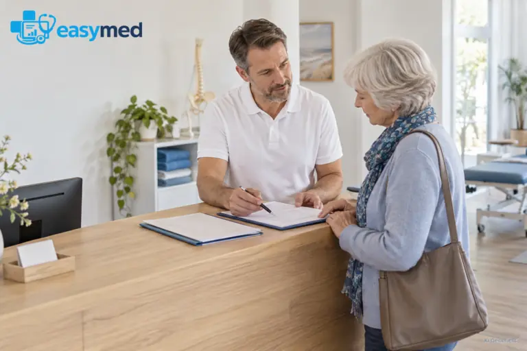 Physiotherapeut erläutert einer Patientin Fragen zu Kostenunterlagen.