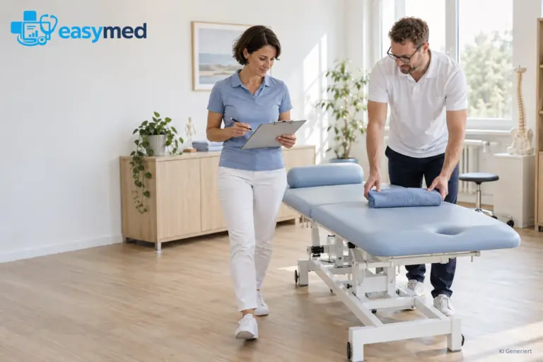 Physiotherapiegründer prüfen Einrichtung und Ablauf vor der Eröffnung.
