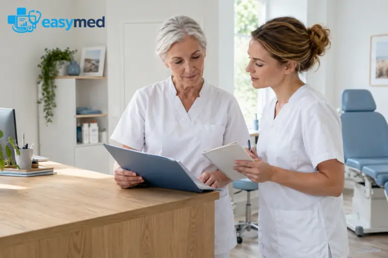 Podologieteam prüft Bericht und offene Rückfragen vor der Weitergabe.