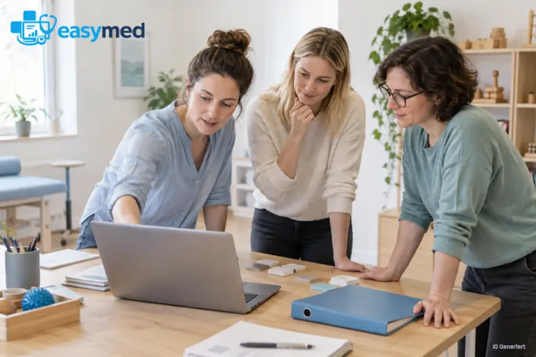 Ergotherapieteam stimmt Zuständigkeiten für ein digitales Praxisprojekt ab.