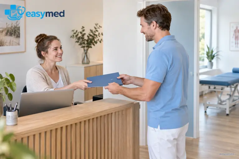Physiotherapeut und Empfangskraft prüfen die Übergabe zwischen ihren Arbeitsplätzen.