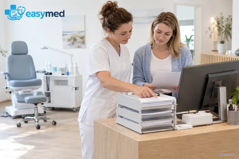Podologiepraxis prüft Unterlagenweg und digitalen Arbeitsplatz.