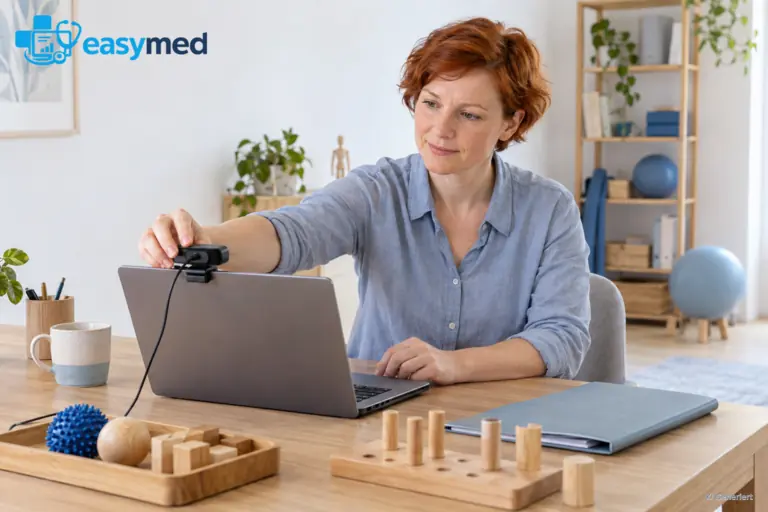 Ergotherapeutin bereitet den Arbeitsplatz für eine Videositzung vor.