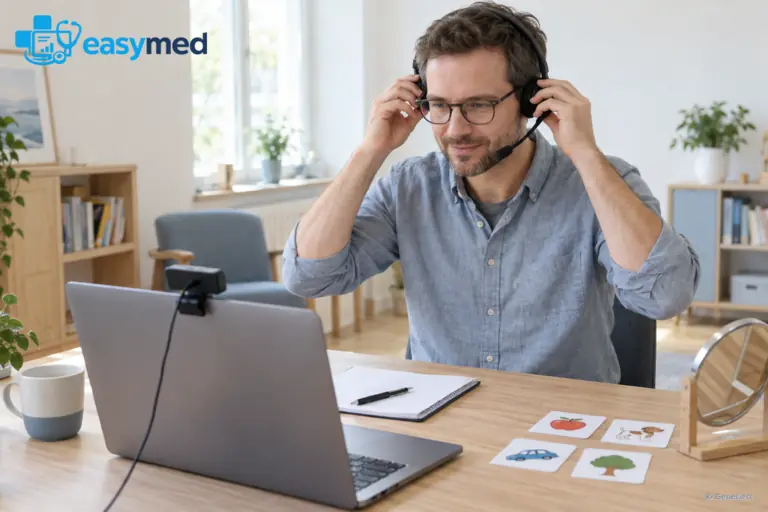 Logopäde prüft Headset und Arbeitsplatz für einen Videotermin.