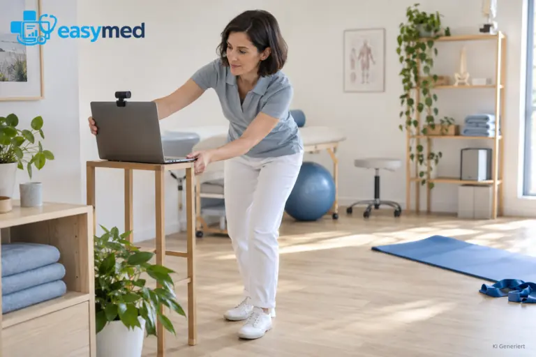 Physiotherapeutin prüft Arbeitsplatz und Bewegungsfläche für einen Videotermin.