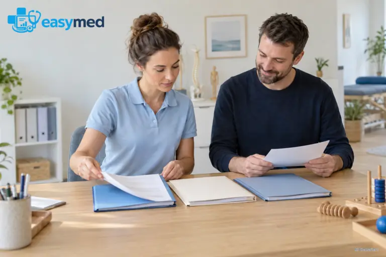 Ergotherapieteam ordnet unterschiedliche Unterlagenwege vor dem Praxisstart.