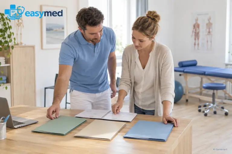 Physiotherapieteam bereitet getrennte Unterlagen für verschiedene Vorgänge vor.