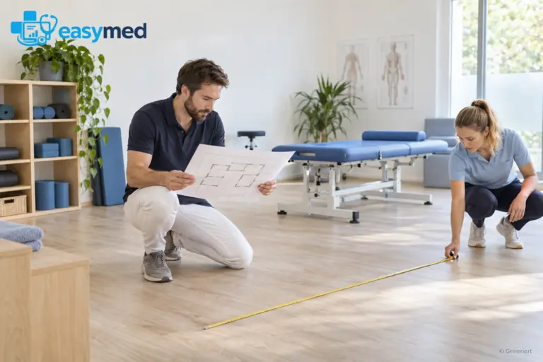 Physiotherapieteam überprüft Grundriss und Behandlungsflächen der Praxis.