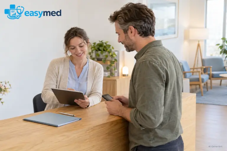 Empfangskraft bespricht digital eingereichte Aufnahmeinformationen mit einem Patienten.