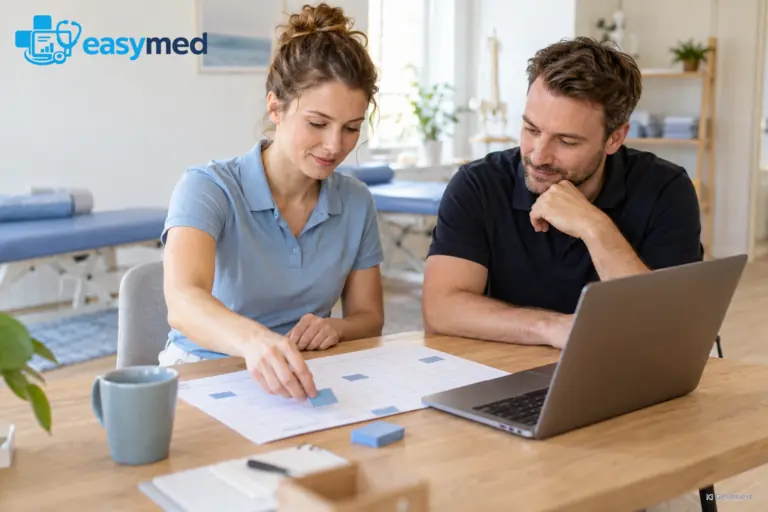 Physiotherapieteam prüft eine Terminänderung im gemeinsamen digitalen Ablauf.