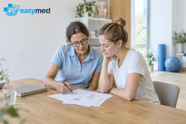 Zwei Physiotherapeutinnen besprechen eine Studie und ihre fachlichen Rückfragen.