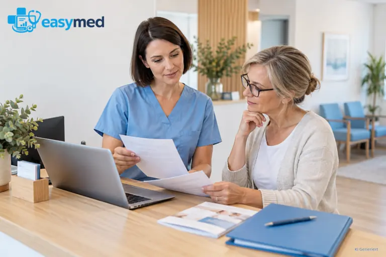 Zwei Praxismitarbeiterinnen prüfen Entwürfe für Patienteninformationen.