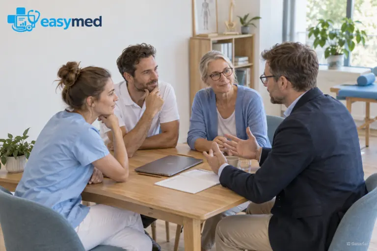 Praxisleitung, Team und Berater besprechen Anforderungen an einen digitalen Ablauf.