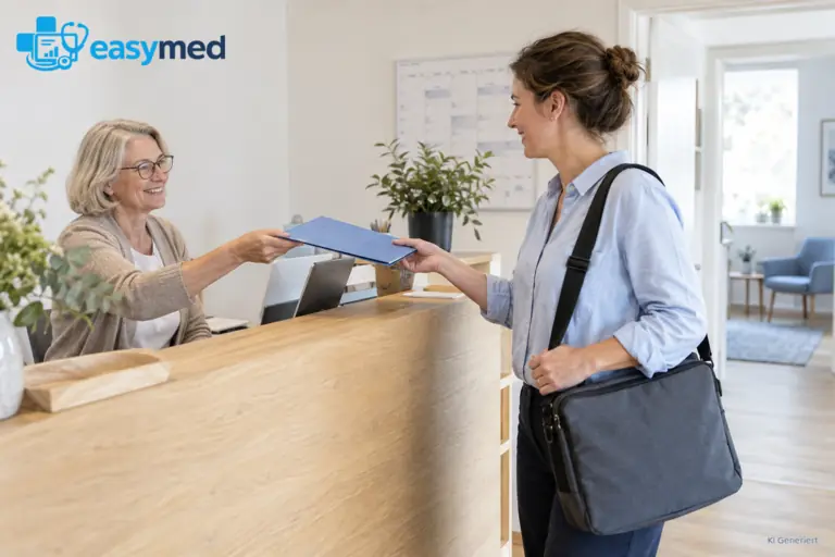 Empfangskraft übergibt einer Therapeutin Unterlagen vor einem Wechsel des Arbeitsorts.