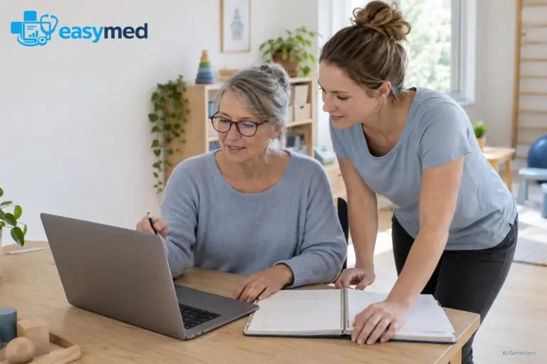 Kinderergotherapieteam gleicht Papierkalender und digitale Terminplanung ab.