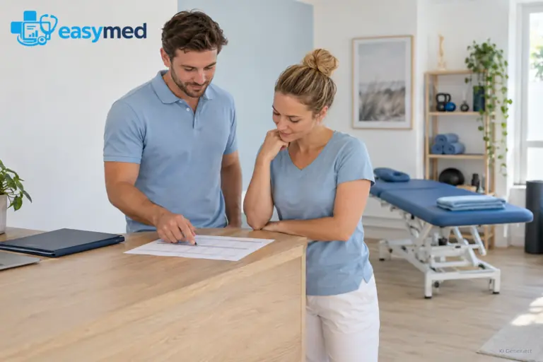 Zwei Physiotherapeuten stimmen die erste Arbeitswoche ihrer gemeinsamen Praxis ab.