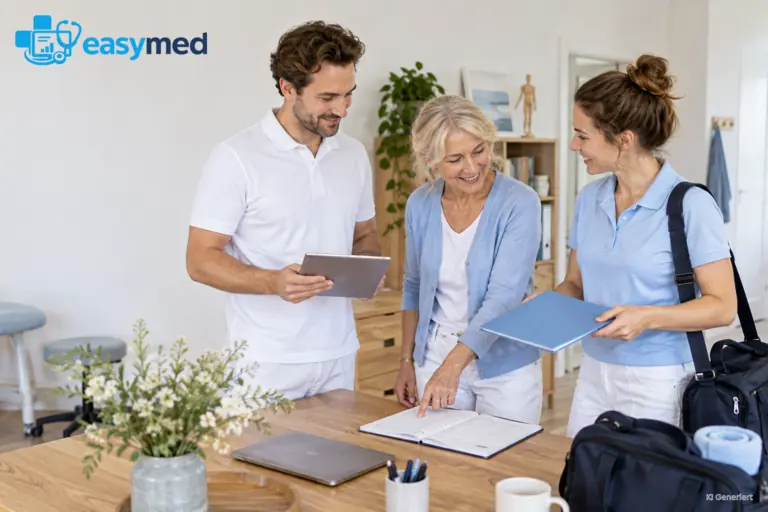 Therapieteam stimmt mobile Besuche, Aufgaben und Unterlagen gemeinsam ab.