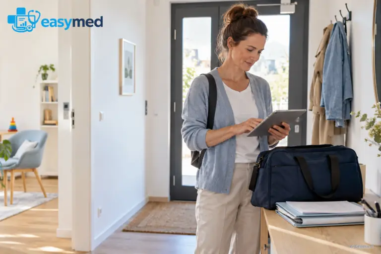 Logopädin prüft vor einem Hausbesuch Unterlagen und mobile Arbeitsmittel.