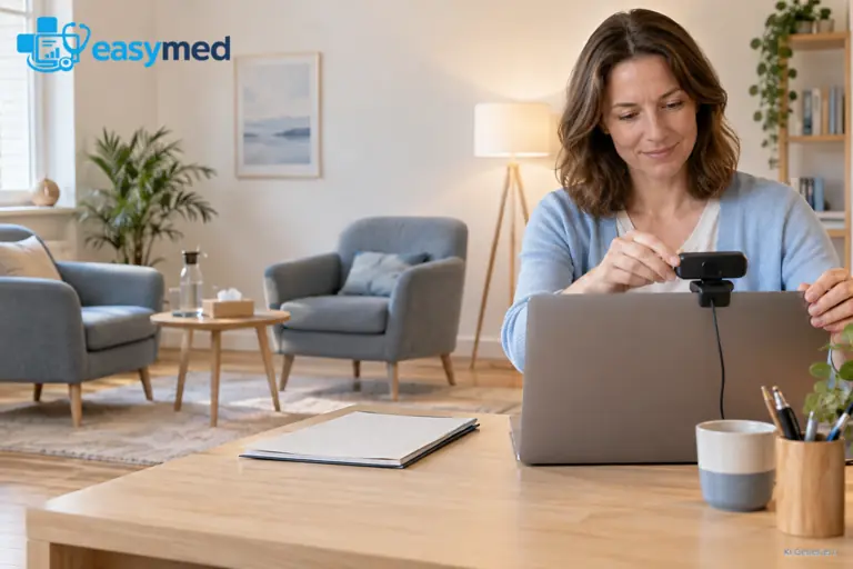 Psychotherapeutin bereitet den Arbeitsplatz für digitale und persönliche Kontakte vor.