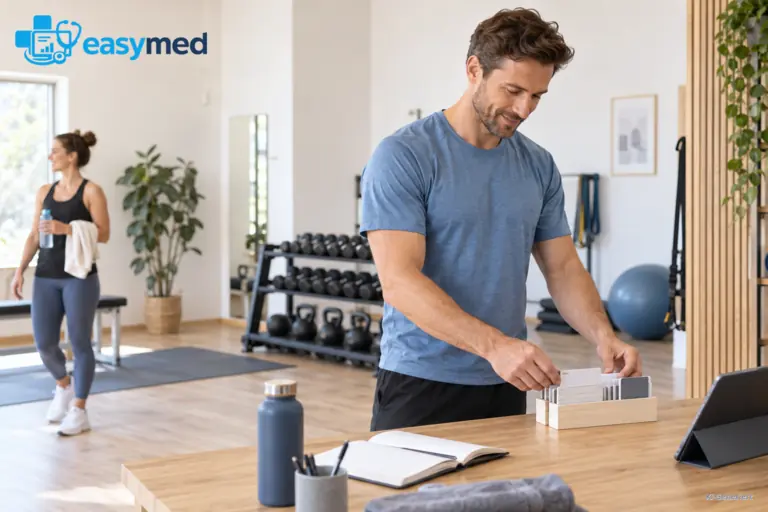 Personal Trainer plant wiederkehrende Trainingseinheiten am Arbeitsplatz im Studio.