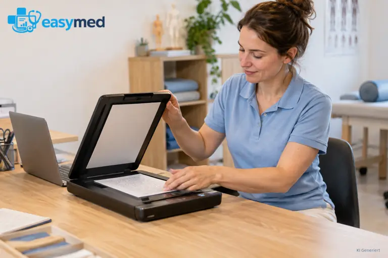 Handschriftlicher Befund wird neben einem Laptop für die Digitalisierung in einen Scanner gelegt.