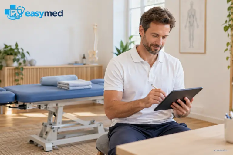 Osteopath hält nach einer Sitzung eine kurze Dokumentationsnotiz am Tablet fest.