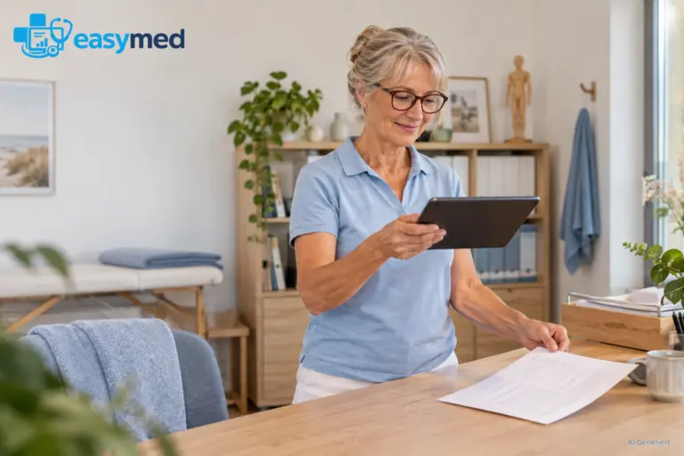 Therapeutin erfasst ein Papierformular mit dem Tablet in einer kleinen Praxis.