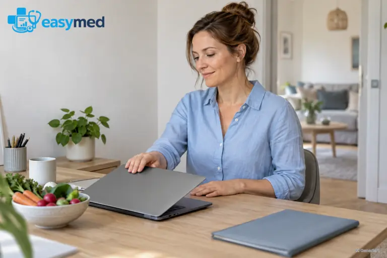 Ernährungsberaterin schließt ihren Laptop am aufgeräumten Schreibtisch im separaten Homeoffice.