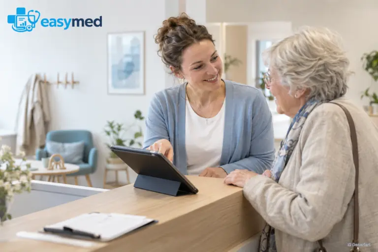 Logopädin unterstützt einen älteren Patienten bei der Terminvereinbarung am Tablet.