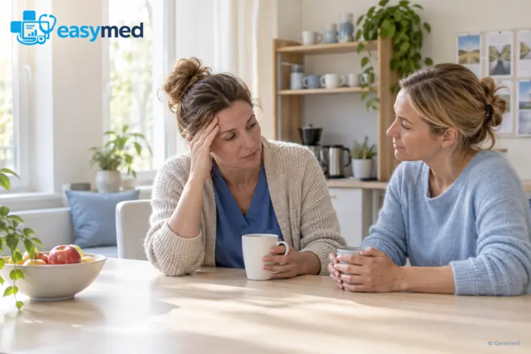 Zwei Mitglieder des Therapieteams sprechen während einer ruhigen Pause über ihre Arbeitsbelastung.