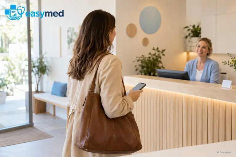 Neue Patientin kommt mit einem Smartphone zur hellen und gut zugänglichen Therapiepraxis.