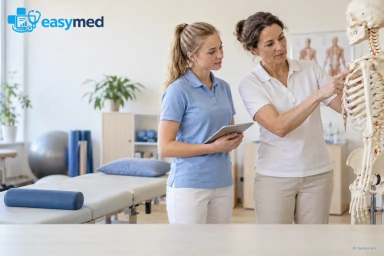 Physiotherapiestudentin bespricht den Praxisalltag mit einer erfahrenen Therapeutin.