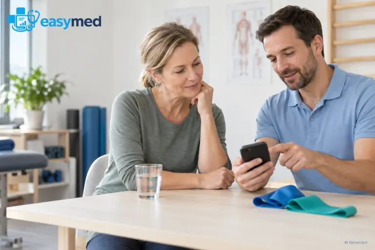 Physiotherapeut erklärt einer Patientin die Nutzung einer Gesundheits-App.