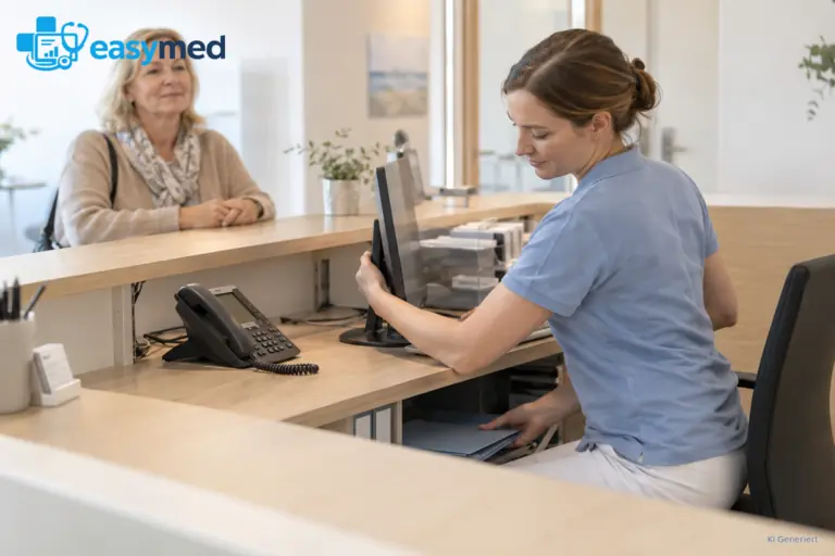 Empfangsmitarbeiterin schützt Bildschirm und Patientenunterlagen vor fremden Blicken.