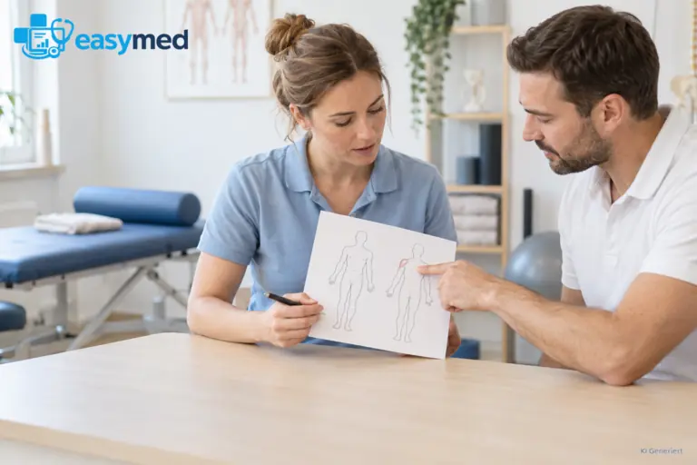 Zwei Physiotherapeuten prüfen eine schematische Körperzeichnung für die Dokumentation.